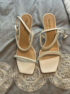 Pearl-Trim White Strappy Heeled Sandals